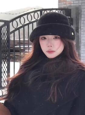 高级感黑色卷边圆顶礼帽女秋冬文艺复古英伦风帽子女士羊毛呢盆帽