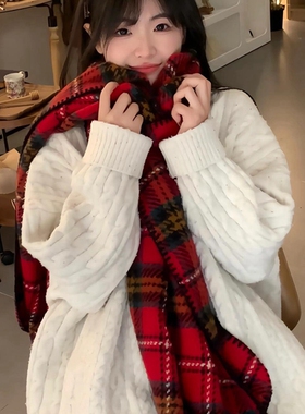 2025新款韩系秋冬保暖英伦圣诞格子红色围巾男女情侣大披肩围脖厚