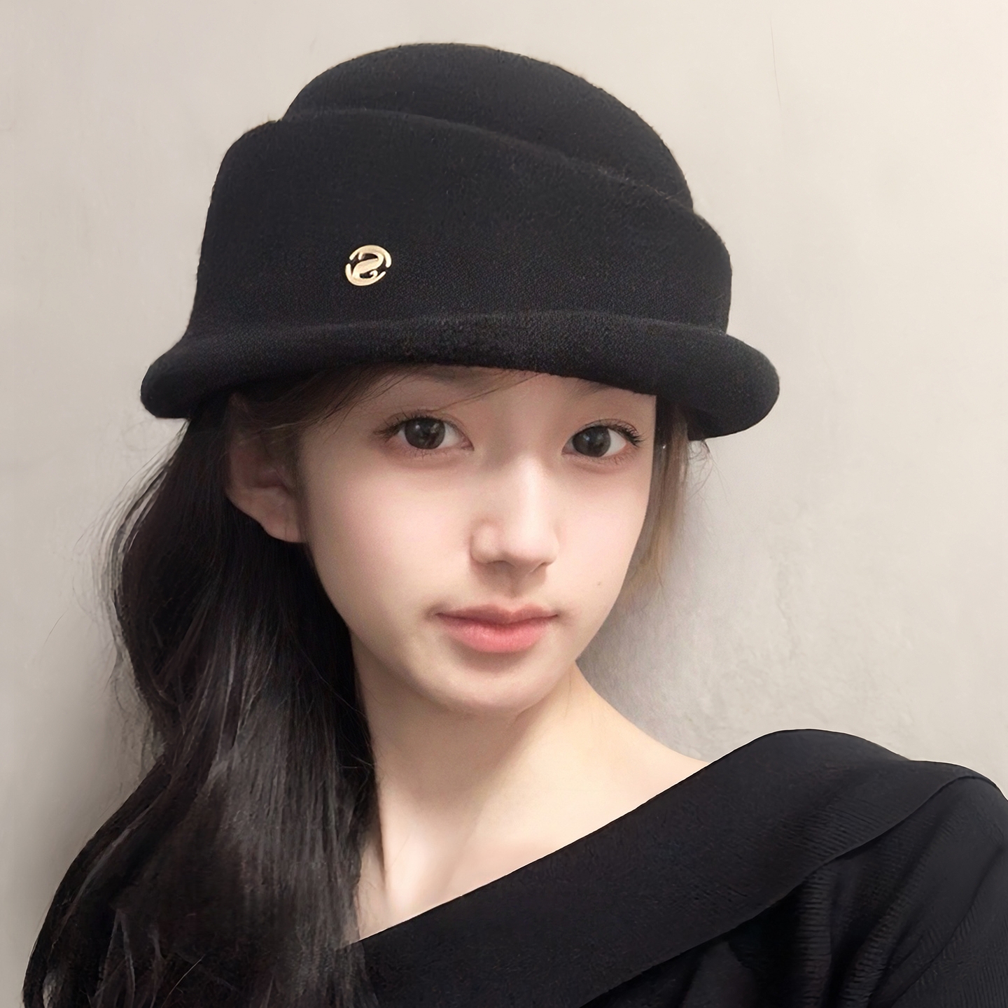 新款高品质卷边黑色礼帽女秋冬法式复古优雅气质盆帽大头围贝雷帽