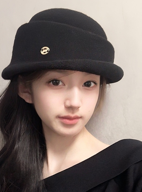 新款高品质卷边黑色礼帽女秋冬法式复古优雅气质盆帽大头围贝雷帽