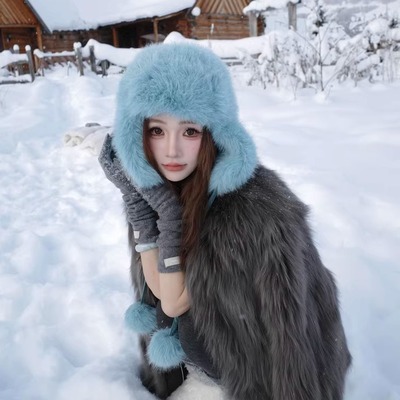 长白山雪地时尚毛绒雷锋帽女士冬季2025新款仿皮草保暖护耳帽子厚