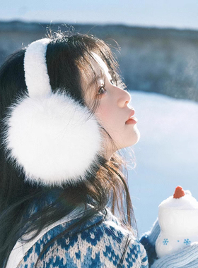 白色甜美可爱毛绒耳罩冬季女学生骑车保暖防寒可折叠防风耳包耳套