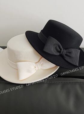 黑色赫本风大蝴蝶结羊毛礼帽女秋冬季法式时尚优雅英伦平顶帽子