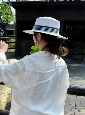 老钱风感夏季平顶遮阳帽子女士防紫外线太阳帽出游度假草编防晒帽