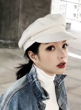 贝雷帽薄款春夏天白色棉麻平顶海军帽子鸭舌帽女英伦八角报童帽潮