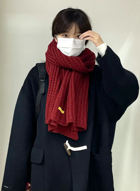 日系纯色针织毛线围巾女冬季高级感韩版百搭红色显白情侣学生围脖