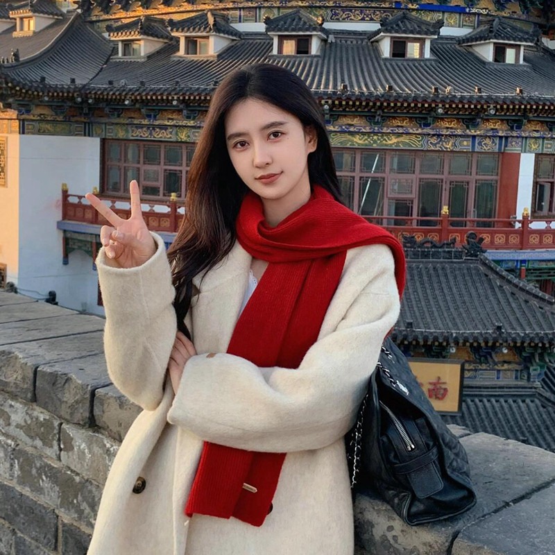 高品质澳洲羊毛围巾女冬季百搭圣诞新年红色针织毛线围巾保暖围脖