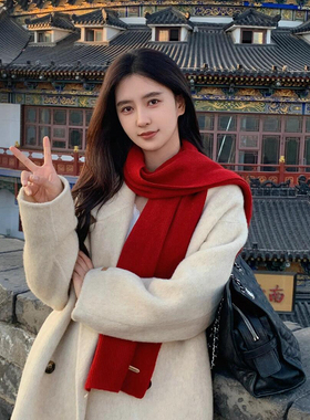 高品质澳洲羊毛围巾女冬季百搭圣诞新年红色针织毛线围巾保暖围脖