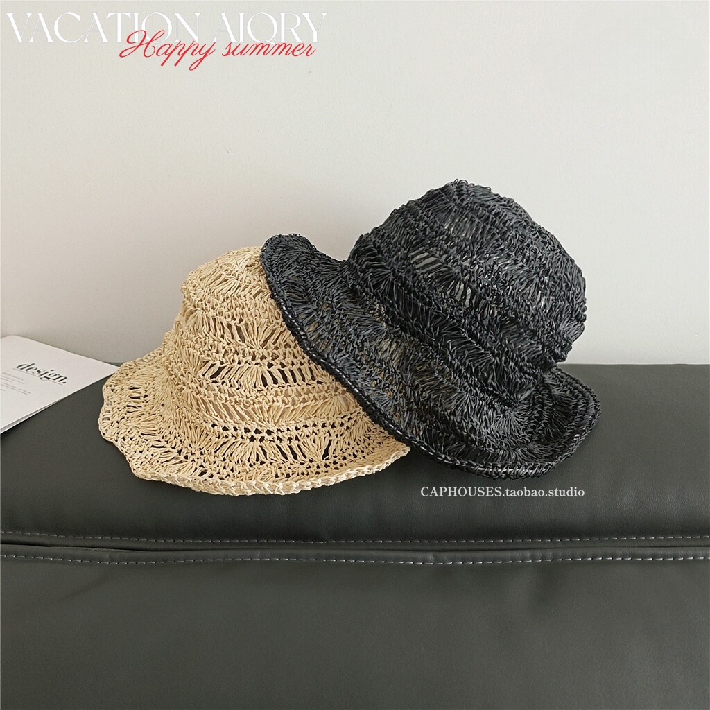 轻盈可折叠韩国设计师款草编镂空渔夫帽女春夏手工编织出游遮阳帽