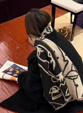 手绘双面线条围巾女2025新款冬季保暖围脖欧美风高级感仿羊绒披肩