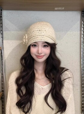 手工编织立体花朵针织帽子女秋冬季新款韩系复古毛线帽亮片包头帽