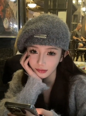 ins日系秋冬季保暖百搭洋气时髦画家贝雷帽显脸小灰色毛线帽子女