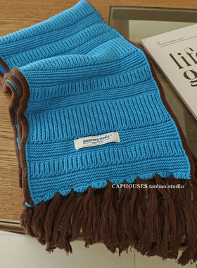 新款巨显白复古蓝色毛线围巾女冬季韩版长款手工流苏保暖百搭围脖