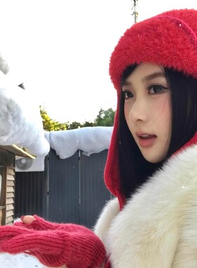 新款红色大头围毛绒雷锋帽女冬季保暖系带护耳帽ins氛围感针织帽