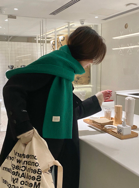 显白圣诞绿色围巾冬季新款韩版百搭日系纯色针织保暖加厚围脖女潮