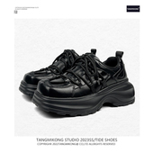 两点浪漫2023新款 男英伦德比鞋 小众方头设计厚底老爹鞋 休闲小皮鞋