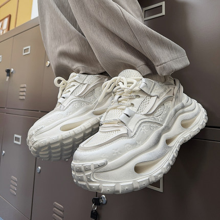 两点浪漫26春新款网面拼接7CM轻质厚底增高老爹鞋男女做旧小白鞋