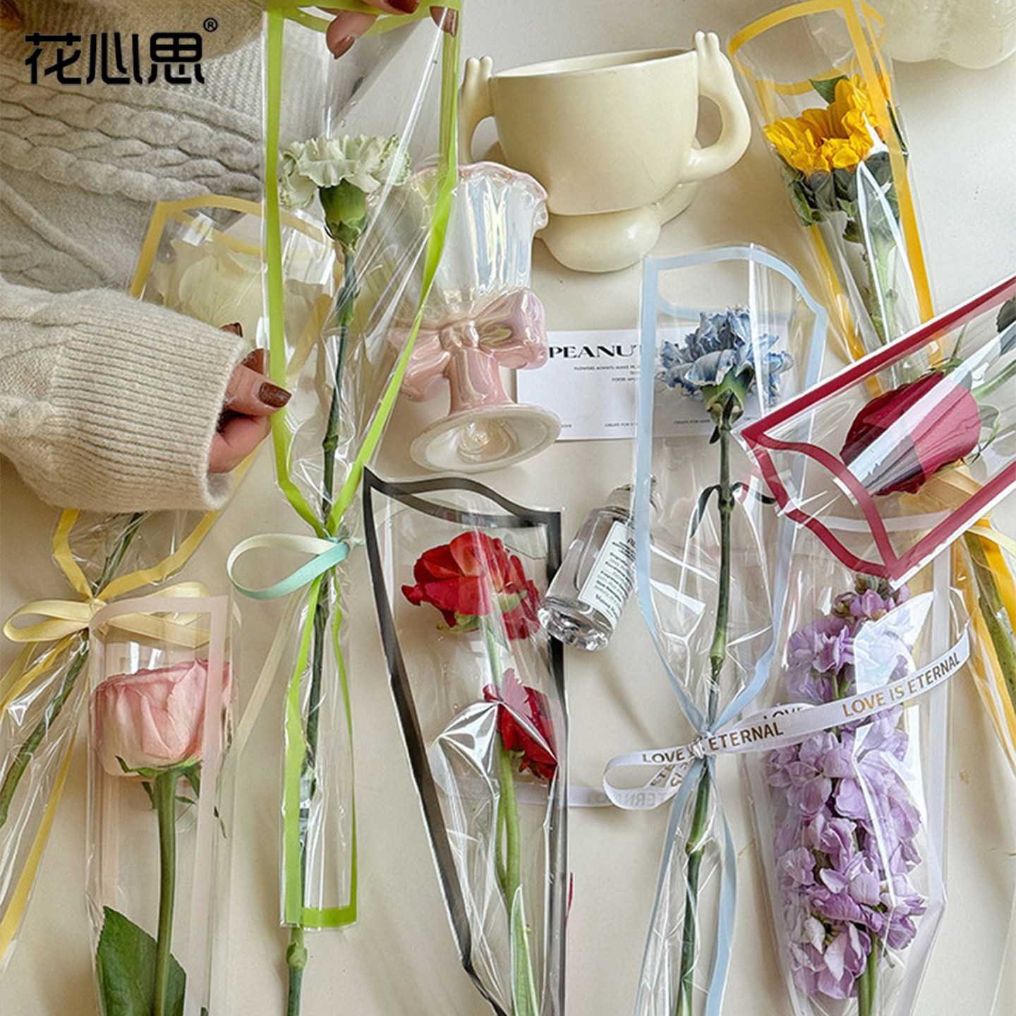 花心思母亲节彩色边框单支花束包装袋opp防水玫瑰花康乃馨包花纸