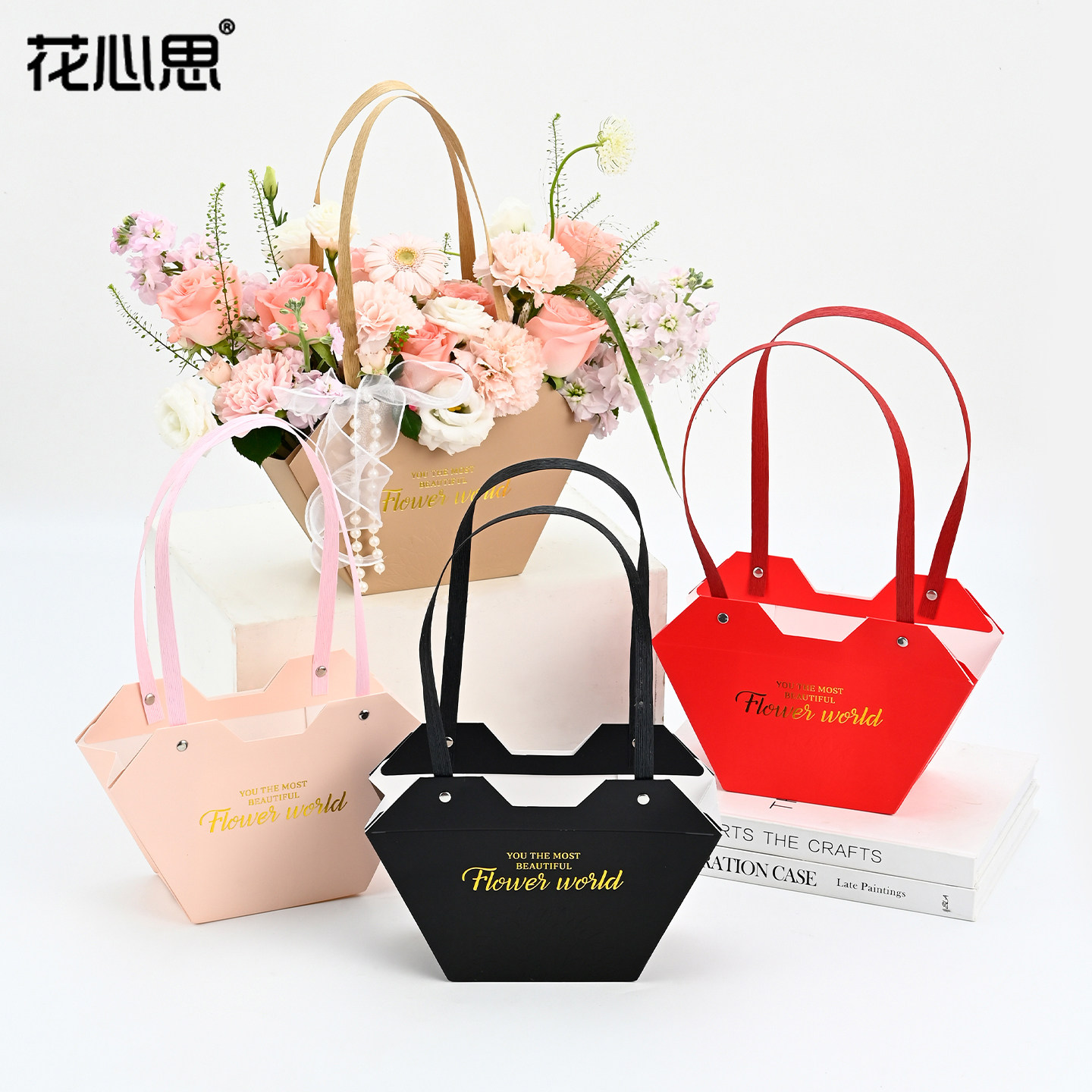 花心思七夕牛皮纸心形手提花盒