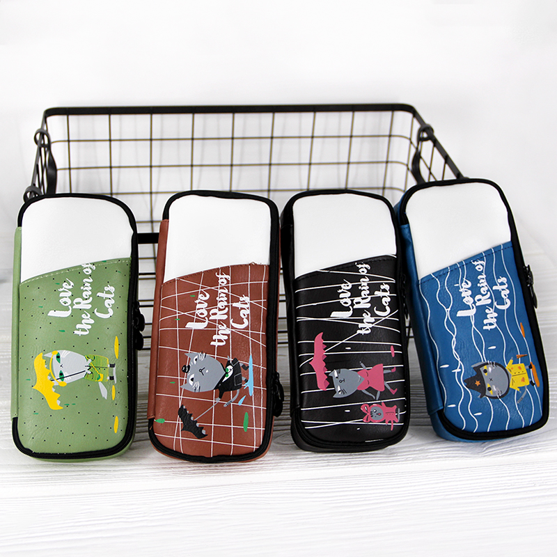 大容量笔袋男简约女生中学生多功能笔袋韩国喵咪带斜插文具盒笔盒