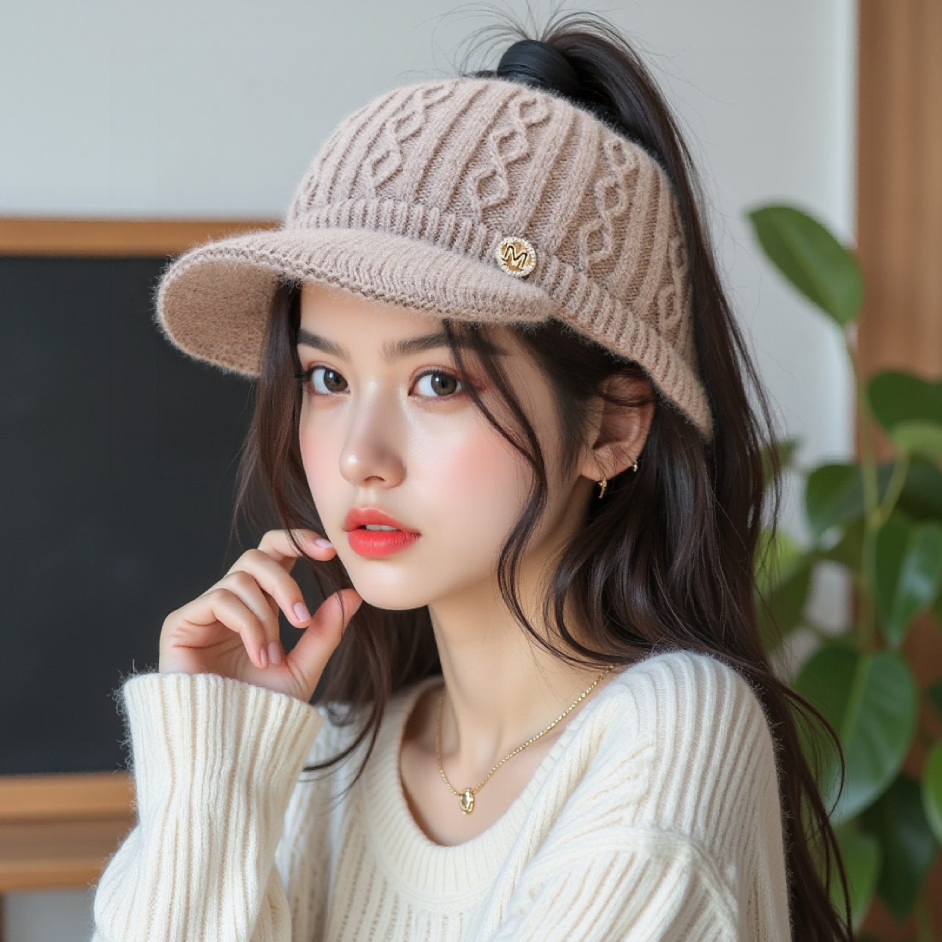 帽子适合冬天戴的遮阳帽冬季马尾帽针织空顶帽女士加绒加厚鸭舌帽