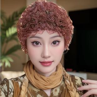 秋冬季新款女士遮白发发帽中老年人蕾丝假发帽包头帽加绒加厚帽子