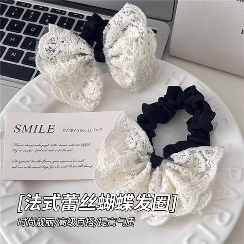 甜美蝴蝶结发圈蕾丝花边双层温柔