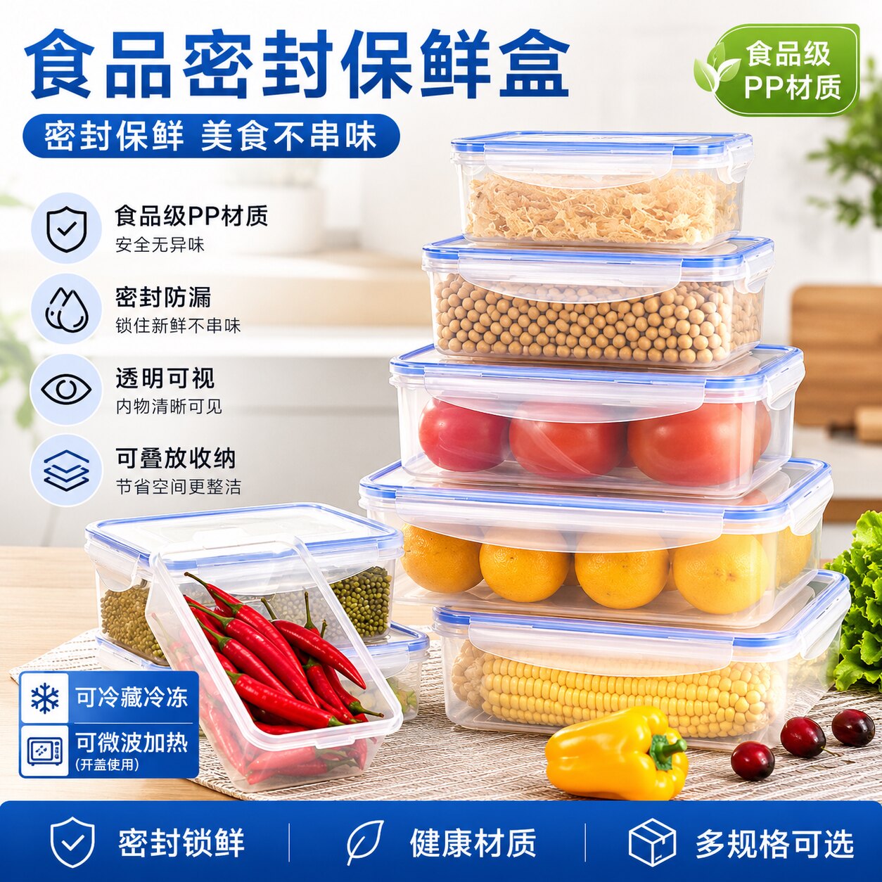 冰箱可微波长方形密封食品保鲜盒