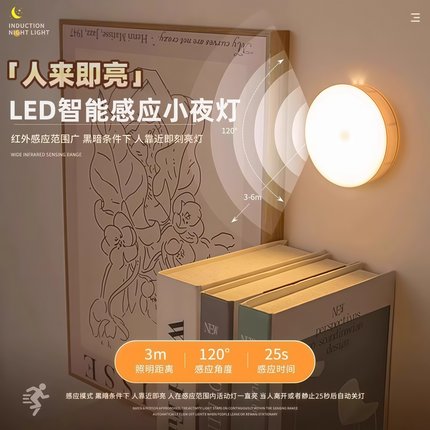 LED智能感应小夜灯红外人体感应3米范围120度自动亮灯人来即亮灯