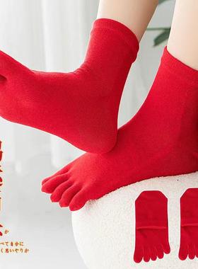 丝逸芬本命年大红色五指袜男女棉袜中筒秋冬结婚喜庆分趾五趾袜子
