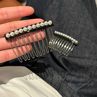 韩国新款黑色复古气质优雅珍珠插梳高级感碎发夹前额侧边倒插发梳