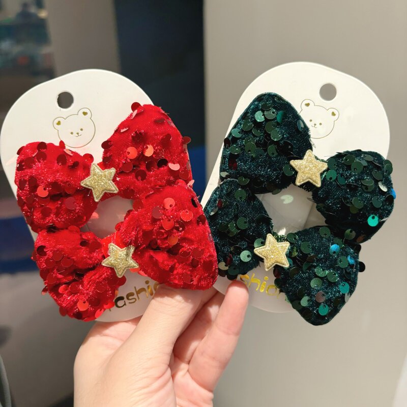 圣诞节亮片立体对夹蝴蝶结发夹女成人儿童鹿角发卡可爱夹子头饰品