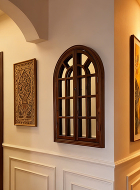 法式复古墙上装饰镜家用客厅餐厅镜实木壁挂假窗镜子拱形假窗
