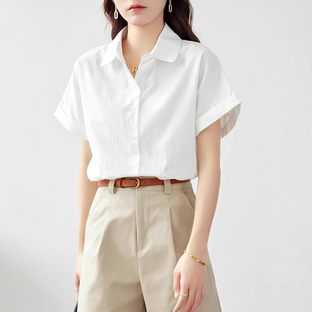 纯棉女士短袖白衬衫女2026新款白色衬衣职业通勤女装夏季半袖上衣
