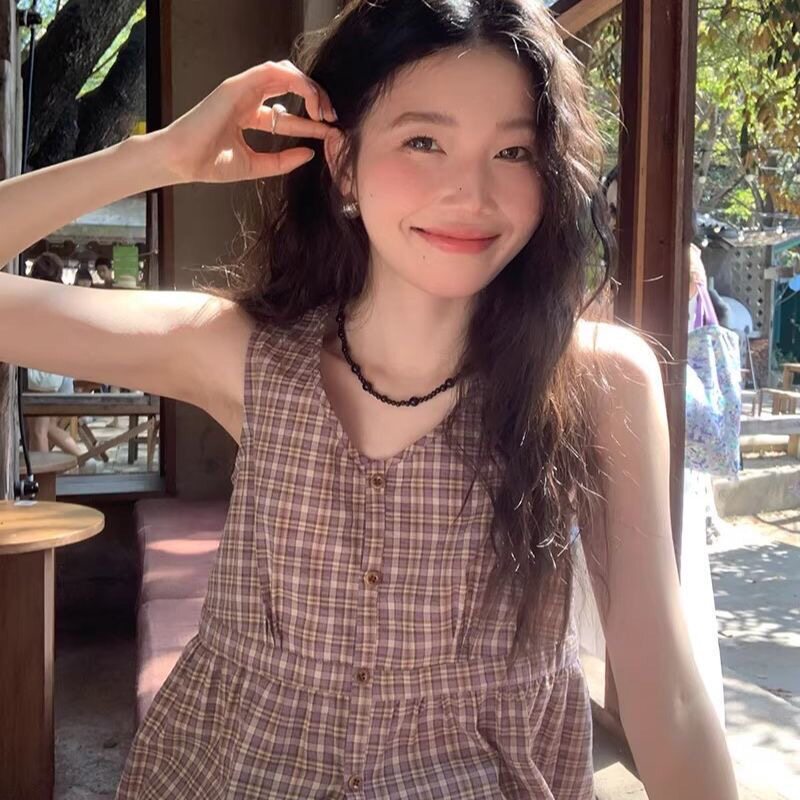 已出货 韩国chic夏季新复古格子无袖背心设计感遮肚修身上衣