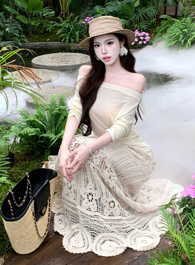 法式复古浪漫设计感度假风防晒上衣重工钩花半身长裙时尚两件套夏
