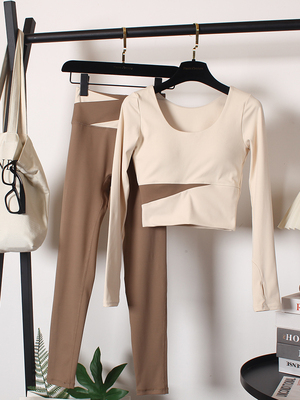 健身服套装长袖女拼色瑜伽含胸垫