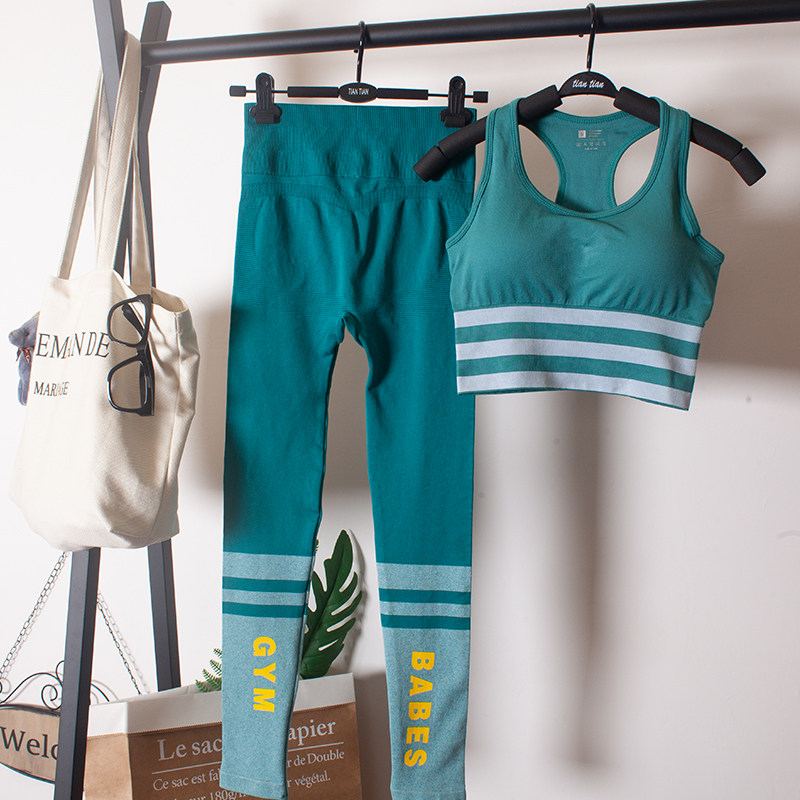 条纹运动套装女夏速干紧身弹力裤初学者健身房专业跑步训练瑜伽服