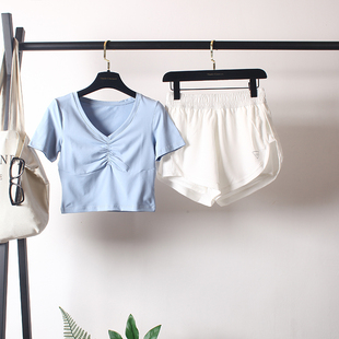 健身短袖套装女夏速干紧身V领瑜伽服宽松短裤有内衬跑步运动套装