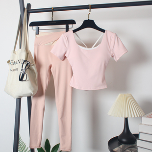 健身房运动套装女夏速干紧身长裤跑步瑜伽修身显瘦美背短袖带胸垫