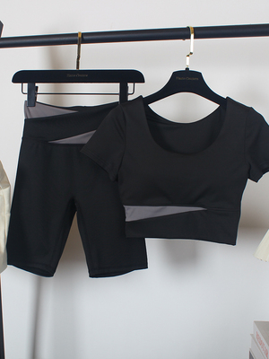 健身房短袖运动套装女夏季短款显瘦紧身速干跑步撞色瑜伽服含胸垫