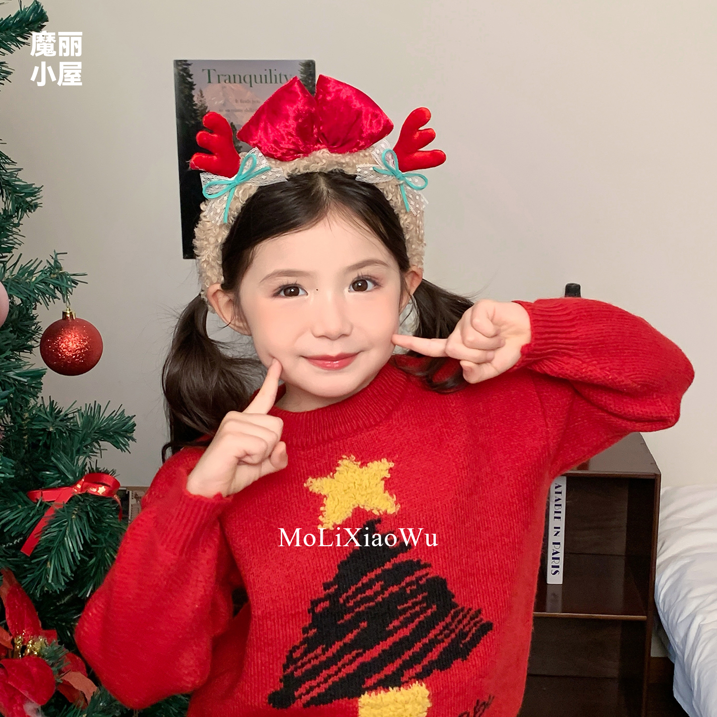 立体圣诞红色蝴蝶结小麋鹿发箍超萌可爱毛绒小鹿角发卡不勒头发饰