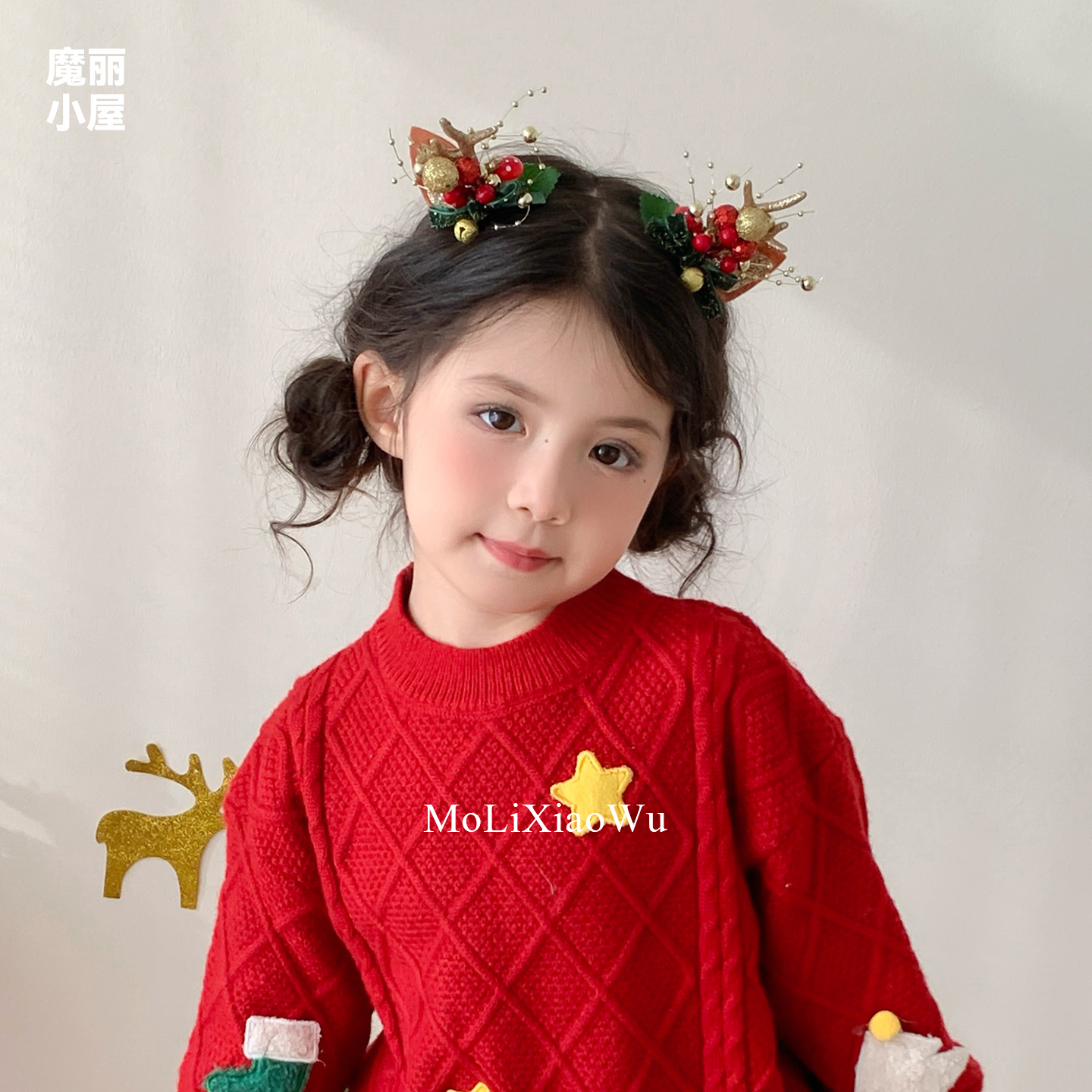 森系可爱红色小鹿角发夹节日演出头饰儿童夹子圣诞节发饰女童发卡