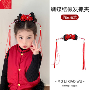 儿童古风汉服头饰新年红色绒花飘带假发抓夹儿童古装装扮旗头发夹