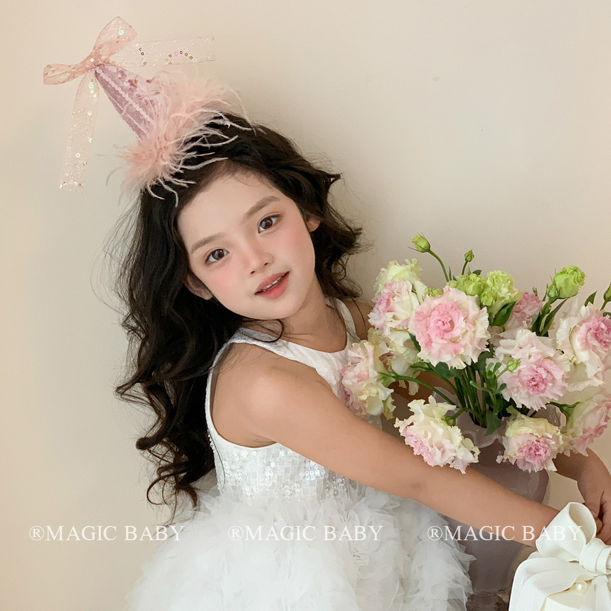 超仙韩系粉色羽毛生日帽发夹女宝宝生日头饰森系蝴蝶结夹子发饰女