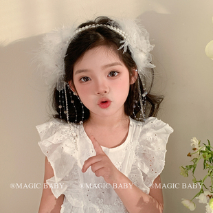 儿童超仙白色水晶流苏羽毛珍珠发箍公主头饰女童走秀表演生日发饰