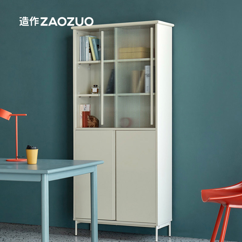 造作美术馆书柜实木长虹玻璃北欧现代简约酒柜奶油色ZAOZUO