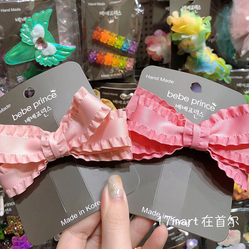 27韩国代购bebeprince儿童可爱纯色褶皱边纯色蝴蝶结发夹边夹