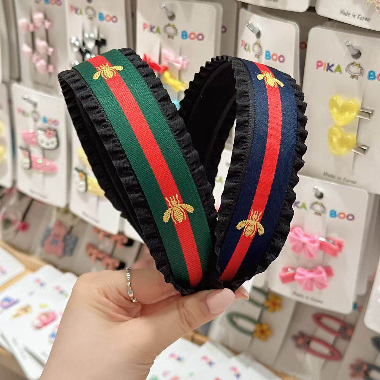 韩国东大门pikaboo儿童发饰刺绣蜜蜂学院风宽底发箍头箍发卡