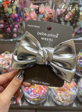 5.11韩国bebeprince儿童发饰银色pu皮质蝴蝶结发夹边夹